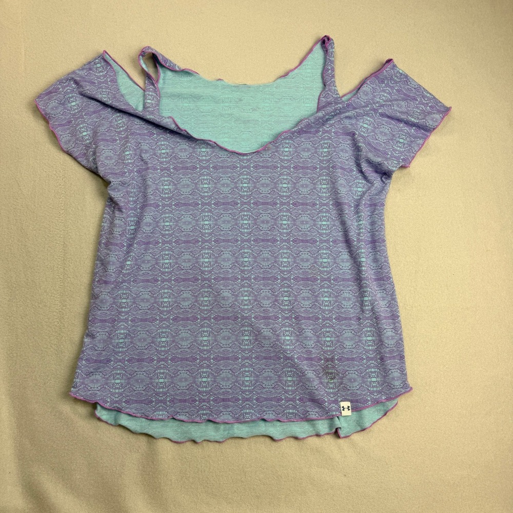 Under Armour Womens L Cold Shoulder Yoga Top Purple Teal Geometric Print